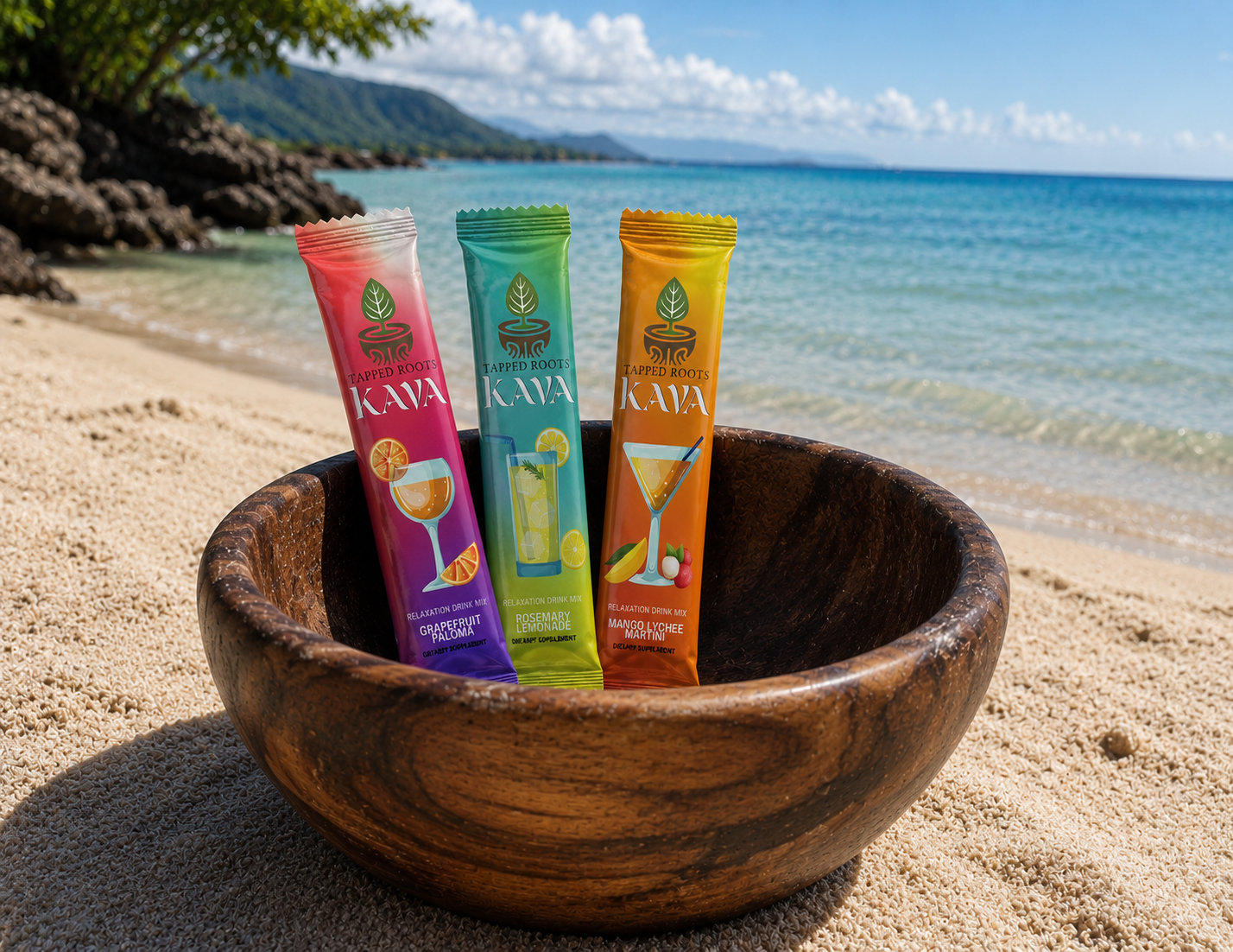 Three flavors of Tapped Roots Kava drink mix in a wooden bowl on a tropical beach